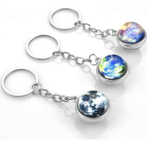 Glowing Earth Solar Eclipse Keychain Double Side Glass Ball Pendant Outer Space Jewelry Gift Galaxy Sun Keyrings
