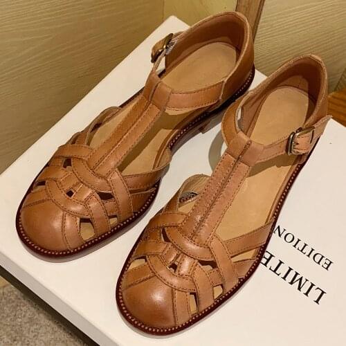 Womens genuine leather Braided t-strap student style casual flats footwear high quality hollow-out daily retro british shoes