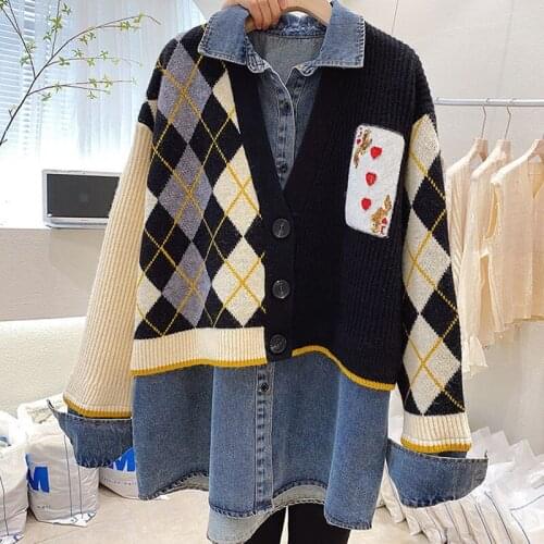 Womens Sweater Cardigan Knitted Jacket Patchwork Fake Two-piece Denim Street Style Lapel Long Section 2021 Autumn Winter New