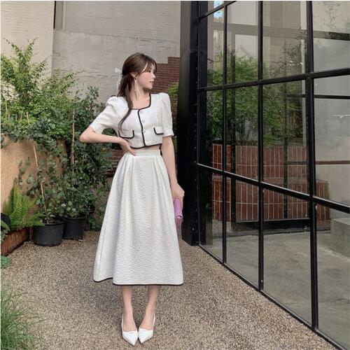Womens Suits Summer White High-Quality Puff Sleeve Top + Loose Skirt Two-Piece Sets Female