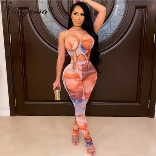 Colysmo Print 2 Piece Pants Sets Zipper Backless Crop Corset Top Elastic Waist Bodycon Pants Set Summer Club Outfits for Women