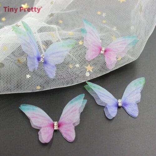 20PCS Double-layer Organza Butterflies w/ Rhinestone Handmade Chiffon Butterflies for DIY Hair Accessory, Bridal Butterflies