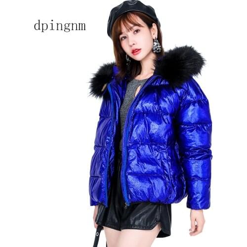 2019 Womens Jacket Winter Glossy Silver/Black/Gold/Blue Plus Size Hooded Parka Outwear Padded Coats Female