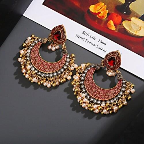 2021 Retro Turkish Red Sector Earrings Womens Vintage Dripping Oil Bohemia Pearl Beads Earrings Tibetan Jewelry
