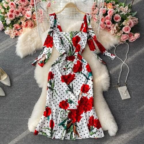 Amolapha Women New Hot Style Rose Printed Dot Slim Waist Backless Ruffles Fishtail Pack Hip Party Strap Dress