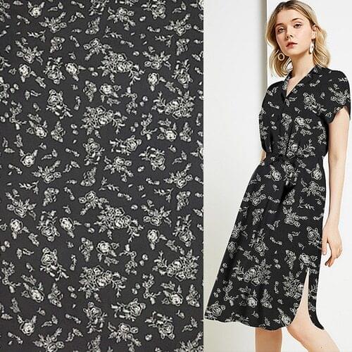 White floral on black pure silk georgette gauze fabric for summer dress,SCG516