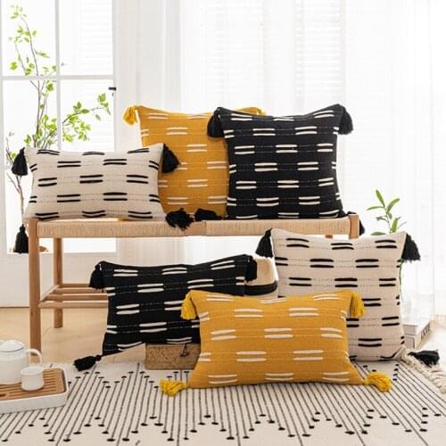 Yellow Black Ivory Cushion Cover Mustard Pillow Cover Tassels Woven Home Decoration Sofa Bed Living Room 45x45cm/30x50cm
