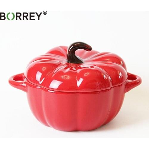 BORREY Soup Bowl Stew Pot Baby Porridge Bowl Ceramic Pumpkin Shape Binaural Baking Bowl With Lid Fruit Dessert Soup Container