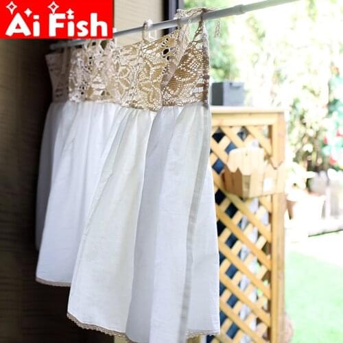 French Country White Linen Yarn Stitching Beige Hollow Crochet Half Curtain For Kitchen Lace Rope Tether Top Short Curtains #35