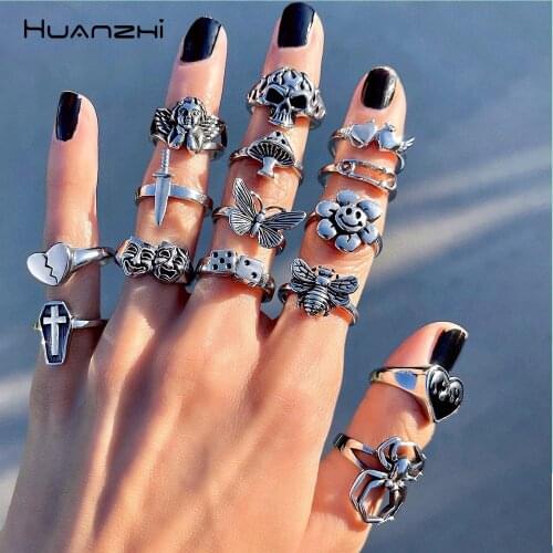 HUANZHI 2021 Stylish New Skull Heart Flower Angel Ring for Women Hip Hop Exaggerated Silver Color Rings Jewelry Gifts