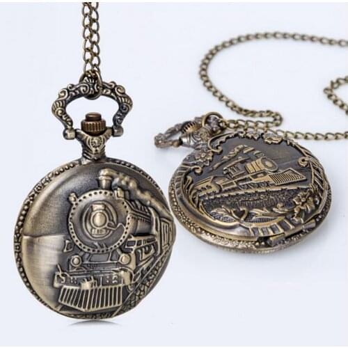 New Arrive High Quality Antique Clock necklace chain Big Size Bronze Train Head Pocket Watch With Chain