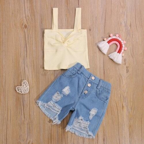 Summer Fashion Kids Girls Clothes Sets 2-7Y Solid Strap Sleeveless Vest Tops Hole Denim Shorts 2Pcs Suits