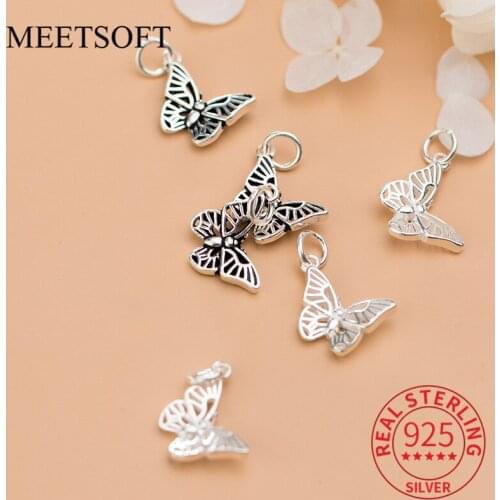 MEETSOFT 100% Sterling Silver Thai Silver Hollow Butterfly Charms DIY Necklace Making Findings Handmade Jewelry Accessories
