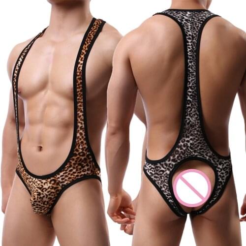 Men Leopard Undershirts Sexy Jock Strap Open Butt Bugle Pouch Bodysuits Wrestling Singlet Fitness Jumpsuit Underwear Plus Size