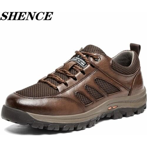 SHENCE 2021 Spring Summer Men Shoes Outdoor Sports Shoes Breathable Leather Dad Shoes Mens Cowhide Casual Leather Shoes Loafers