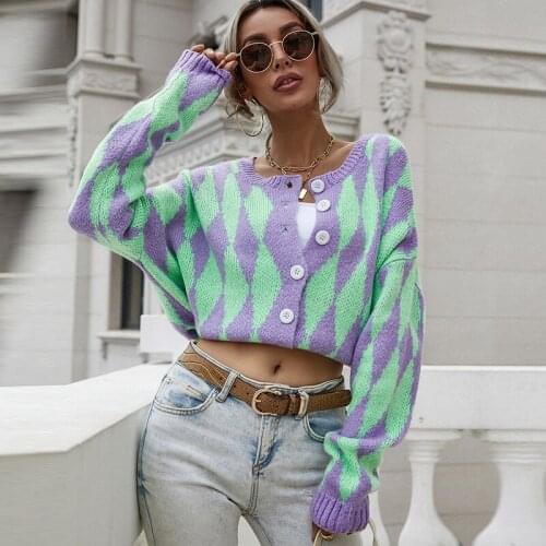 Autumn Woman Sweaters Coat Green Purple Diamond Plaid Retro Sweater Womens Plaid Knitted Cardigan Femme Chandails Pull Hiver