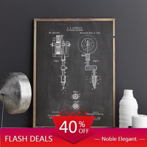 First Tattoo Machine Patent Prints Tattoo Parlor Wall Art Canvas Painting Posters Decor Vintage Blueprint Picture Decorations