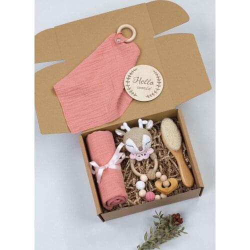 Newborn Baby Gift Box Handmade Organic Deer Rattle, Teether, Blanket, mouth Wipes Babies 6 Pcs Mom Maternity Hospital Gift Suit