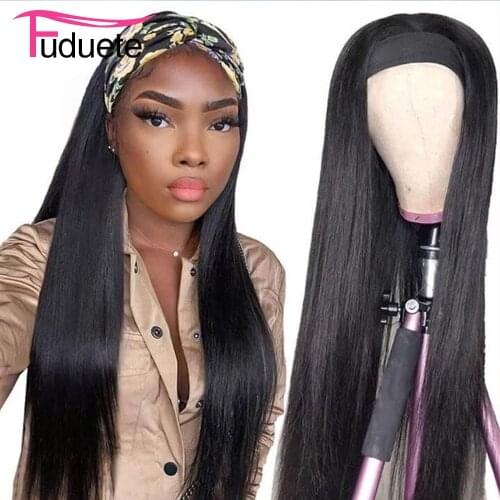 Straight Human Hair Wigs With Headband Scarf Wig Brazilian 180 Density Remy Hair Silky Headband Wig No Gel Fuduete