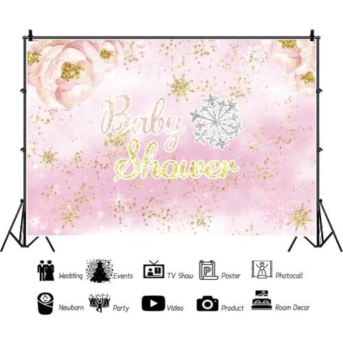 Pink Flowers Shiny Gold Baby Shower Cartoon Backdrops Kids Photography Birthday Party Photos Background for Shooting Decor