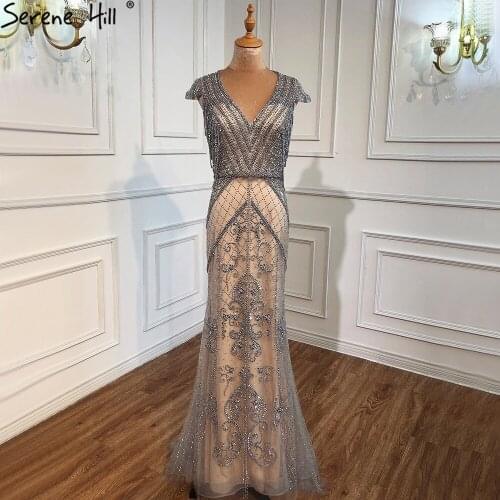 Serene Hill Grey Nude Mermaid Elagant Long Designer Luxury Evening Gowns 2020 Beading Backless Sexy For Women Party BLA70799