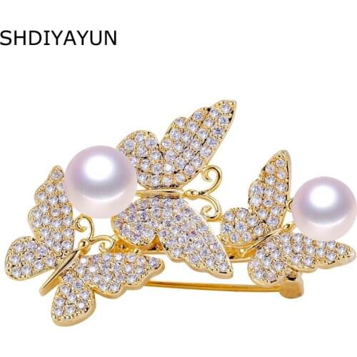 SHDIYAYUN 2019 Factory Direct Sale Pearl Brooch For Women Zircons Butterfly Brooches Pins Natural Freshwater Pearl Fine Jewelry