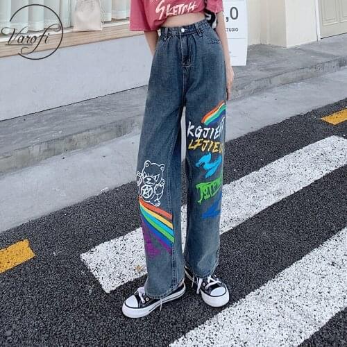 Varofi Personality graffiti rainbow print straight leg pants, large size, high waist loose jeans y2k jeans cargo pants women