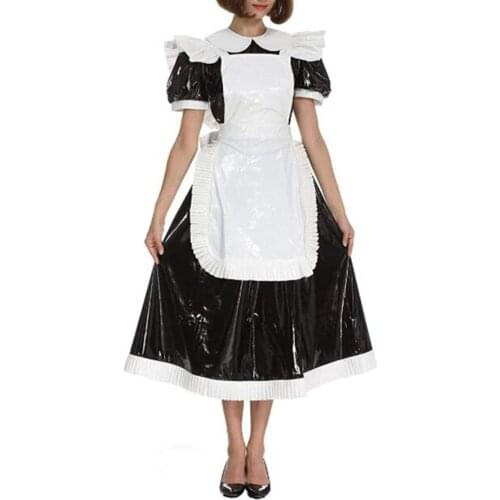 Sexy Maid PVC Dress Plus Size S-7XL Lockable Uniform Servant Cosplay Costume Puff Sleeve Sweet Lolita Dresses With White Apron