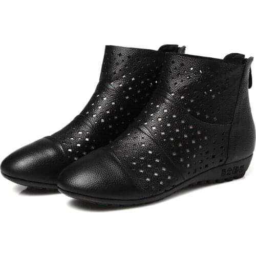 Single Boots Summer Hole Leather Hollow Net Boots White Summer Womens Short Boots Low With Flat Mother Big Size Shoes