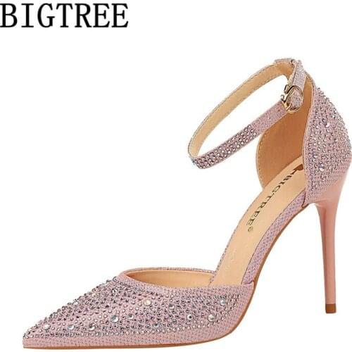 Extreme High Heels Mary Jane Shoes Rhinestone Heels Women Sandals 2020 Crystal Shoes Ladies Pumps Bigtree Shoes Wedding Heels