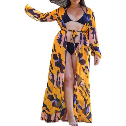 Women Open Front Cover-ups Adults See-through Printed Long Sleeve V-neck Mesh with Belt