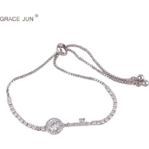 GRACE JUN New Inlay Round AAA Cubic Zircon Long Chain Bracelet&bangle for Women Party Prom Gorgeous Tennis Bracelet High Quality
