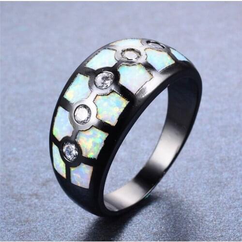 Cute Boho Female White Fire Opal Ring Fashion 14KT Black Gold Wedding Rings For Women Promise Love Engagement Ring