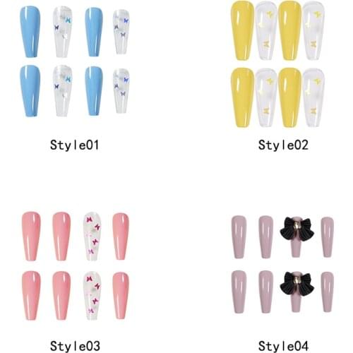 24 Pcs Blue Yellow Pink Nail Glitter Decoration False Nails Black Bow Ballet Press On Fake Nails Manicure Decoration Nail Art