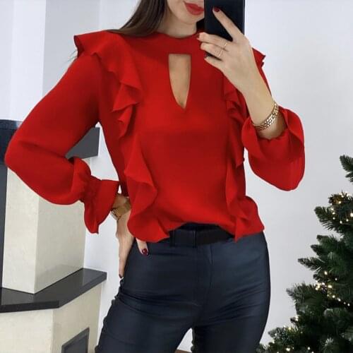 40#Sexy Womens Shirt V-neck Elegant Blouses Ruffle Long Sleeve Buttons Shirts Casual Party Female Рубашка Женская Loose Blouse