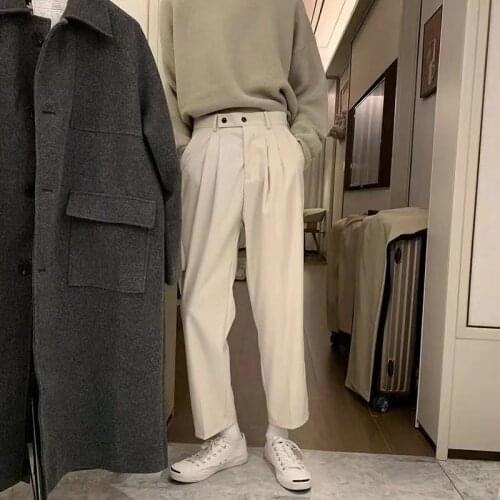 2021 Korean Style Mens Straight Pants Loose Casual Pants Fashion Three-dimensional Cutting Trousers Mens White Suit Pants