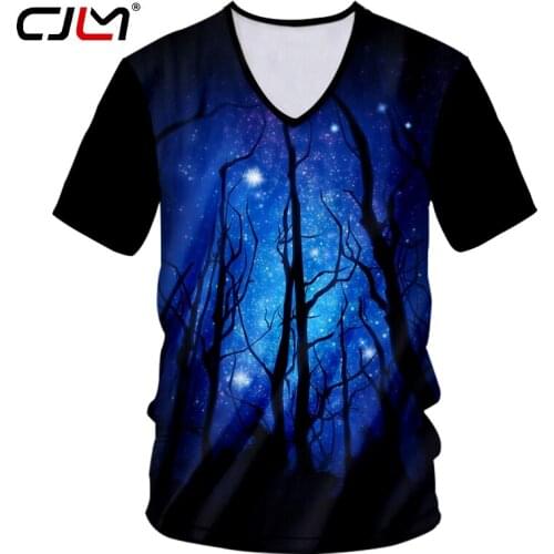 CJLM Winter Trend Loose Mens V Neck Tshirt 3D Beautiful Starry Sky Tree Creative Tee Shirt Man Big Size T-shirt Drop Shipping