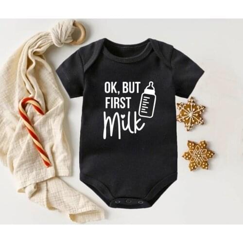 Ok But First Milk Printed Funny Newborn Clothes Short Sleeve Cotton Boys Girls Onesies Rompers Infant Jumpsuit Baby Shower Gifts