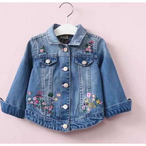 Girls Jeans Jackets Floral Embroidery Fashion Denim Kids Coats 2019 Autumn Children Outerwear Spring Baby Girls Windbreaker