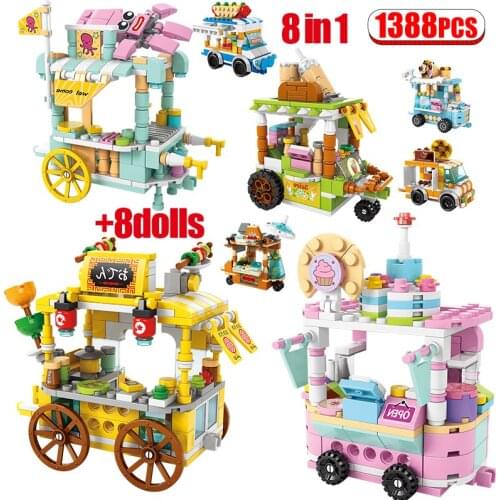 1388pcs 8 in 1 City Street View Snack Shop Building Blocks Hot Dog Ice Cream Store DIY Food Vehicle Bricks Toys For Kids