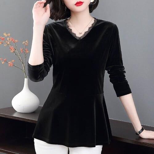 2021 New Winter Velvet T Shirt Woman Long Sleeve Shirt Korean Style Oversized Woman T-shirt Plus Size Loose Women Shirts