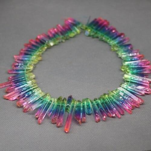 Approx 50pcs/strand Dyed Rainbow Raw Quartz Crystal Point Pendant, gradient Rough Top Drilled Spike Gem Stone Beads Necklace