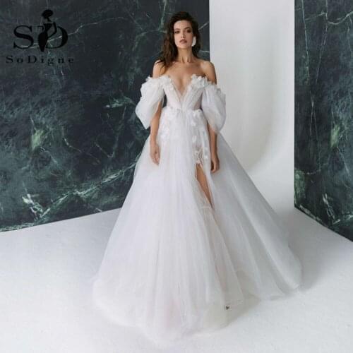 SoDigne Elegant Ivory Boho Wedding Dress Sexy V Neck Glitter Tulle Bridal Gowns Heart Flower Slit A-Line Wedding Gowns