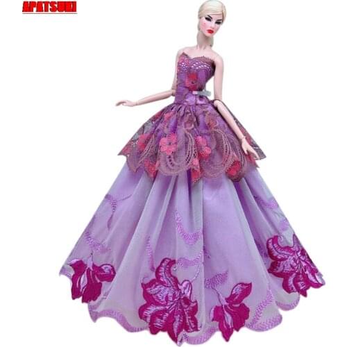 Purple Lace Floral Wedding Dress For Barbie Doll Clothes Outfits Multi-layer Party Gown For 1/6 BJD Dolls Accessories Toys