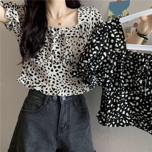 Designed Short Puff Sleeve Shirts Women Elegant Printed Square Collar Ruffles Slim Crop Blouses Girls All-match Vintage Summer