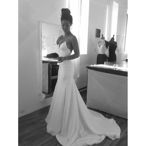 Sexy V-Neck Long Mermaid Stretchy Wedding Dresses Sweep Train Open Back Ivory Brautkleid Robes de Soirée for Women