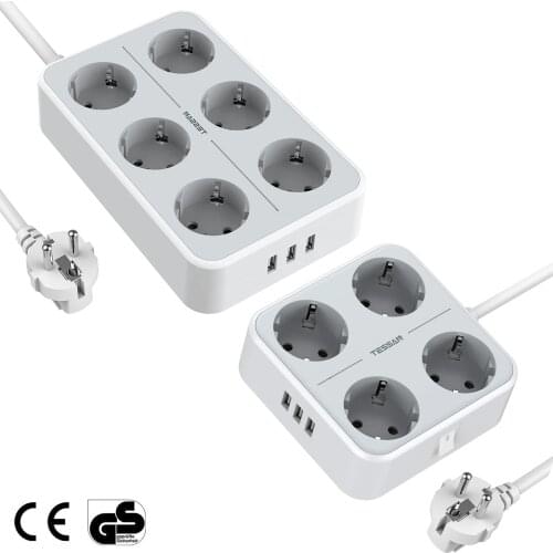 TESSAN 6 Sockets Power Strip with ON/OFF Switch, 3 USB Ports and 2 Meters Cable, 45 ° Pin Design and Widely Spaced Outlets