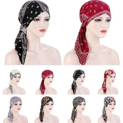 Women Flower Print Chemo Cap Stretch Hijab Turban Hat Muslim Underscarf Head Scarf Headwear Bandanas Long Tail Hair Loss Cover