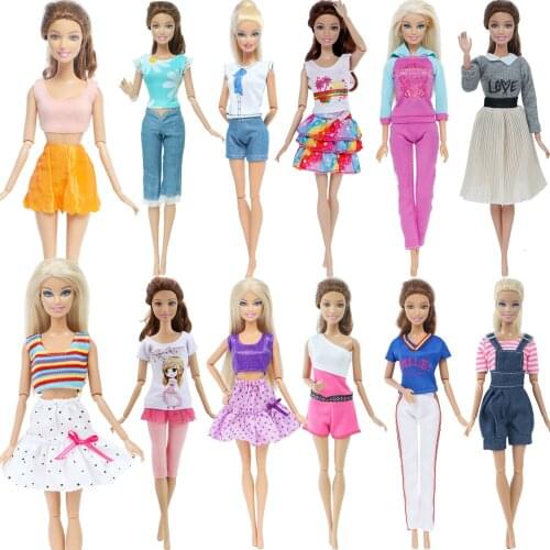 Random 15 Items = 5x Fashion Outfit Blouse Bottom Sets Shirt Trousers Skirt + 10x Shoes Accessories Clothes for Barbie Doll Toy