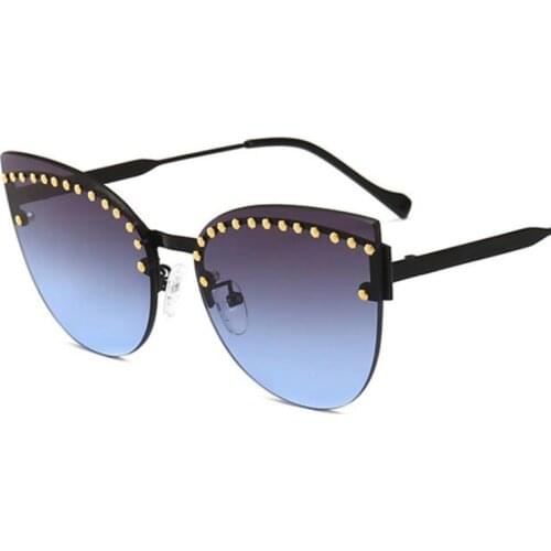 Gradient blue Cat Eye Sunglasses Female Shades street tourism rivet Designer Fashion Rimless Sun Glasses For Women UV400